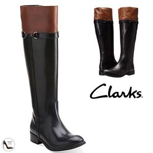 Clarks Women's Pita Topeka Black Brown Leather Waterproof Knee High Riding Boots